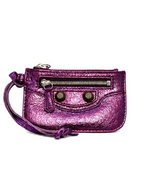 Balenciaga Le Cagole Metallic Purple Lambskin Coin / Card Wristlet NWT